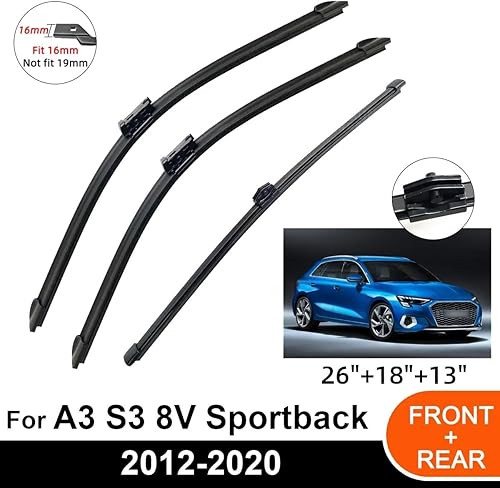 Miniatura 2 de Juego de 3 limpiaparabrisas delantero y trasero, compatible con Audi A3 S3 8V Sportback 2020 2019 2018 2017 2016 2015 2014 2013 2012