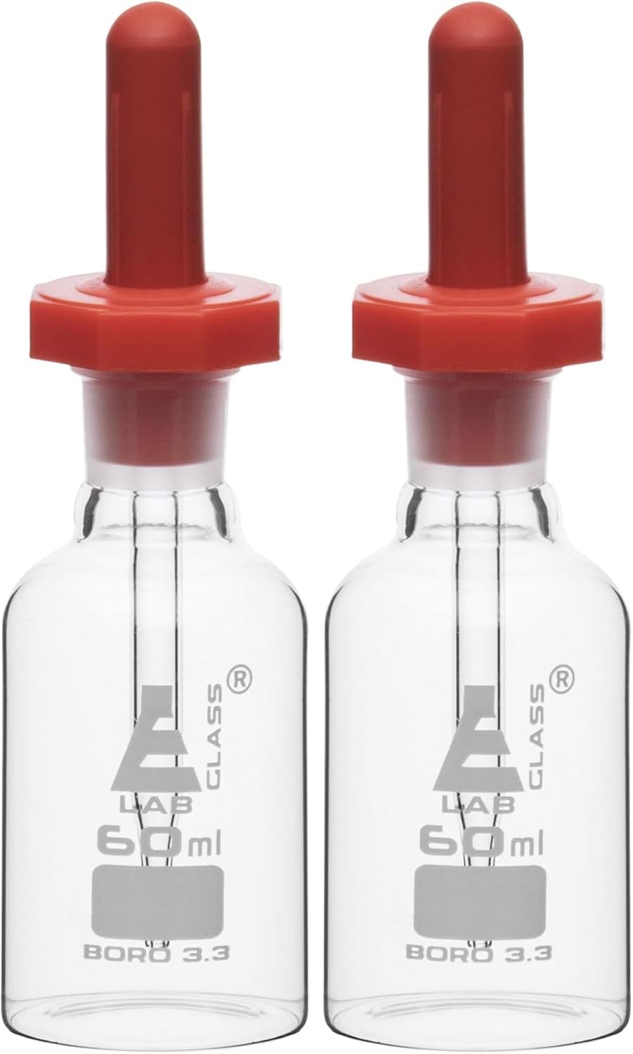 EISCO Dropping Bottle, 60ml (2oz) - Borosilicate 3.3 Glass - Eye Dropper Pipette and Dust Proof Rubber Bulb - Octagonal, Non-Screw Top (Pack of 2)