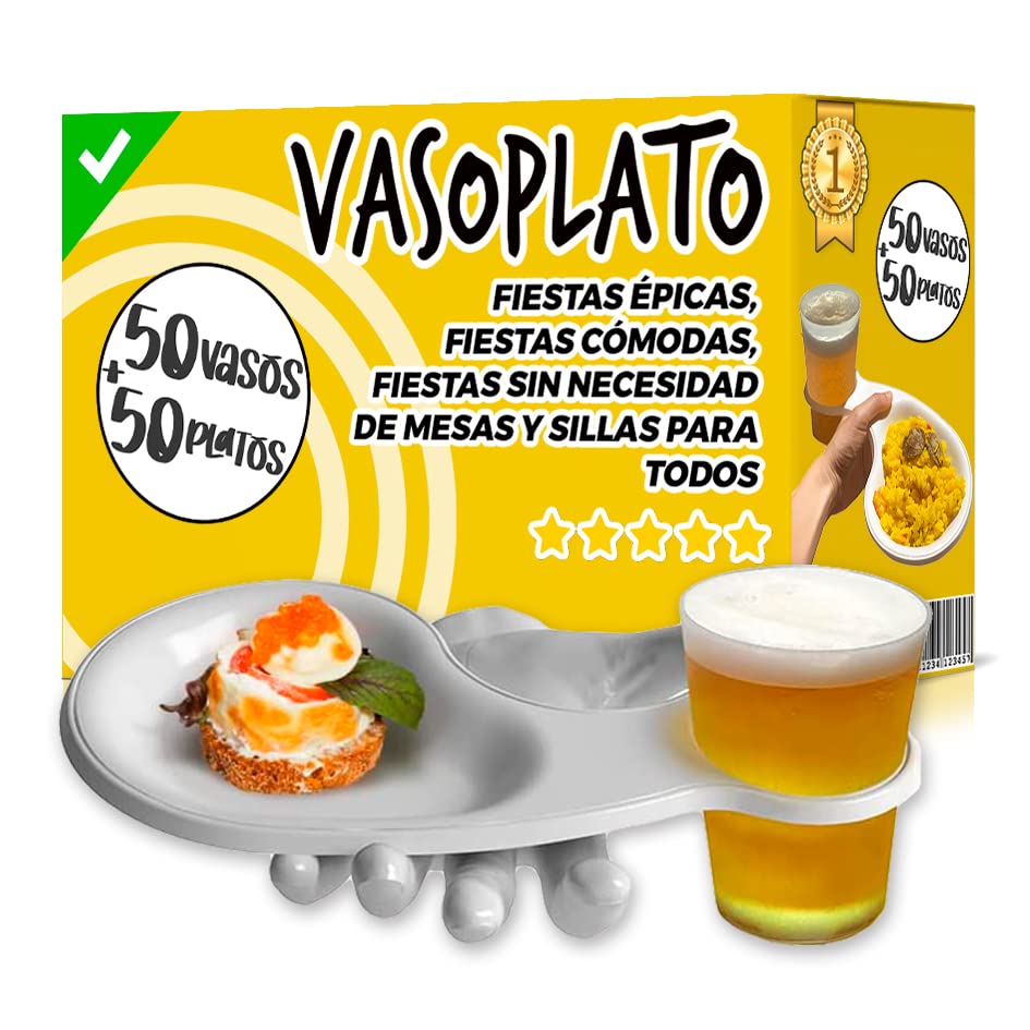 Platos Plastico Duro Reutilizables - Vaso Plato Reutilizable 2 en 1 - Vasos Plastico Duro Reutilizable + Plato Incorporado - Platos para Fiestas, Bodas, Cumpleaños y Eventos - Apto para Lavavajillas