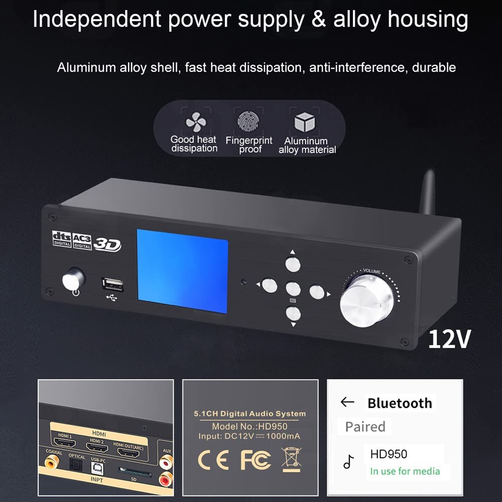 5.1 Surround Sound Decoder Separator Converter für DTS AC3, 4K 60Hz HDMI 2 in 1 Out, HDCP 2.2 HDR, Digital Analog Audio Video System 192Khz/24Bit, mit Bluetooth 5.0 Empfänger