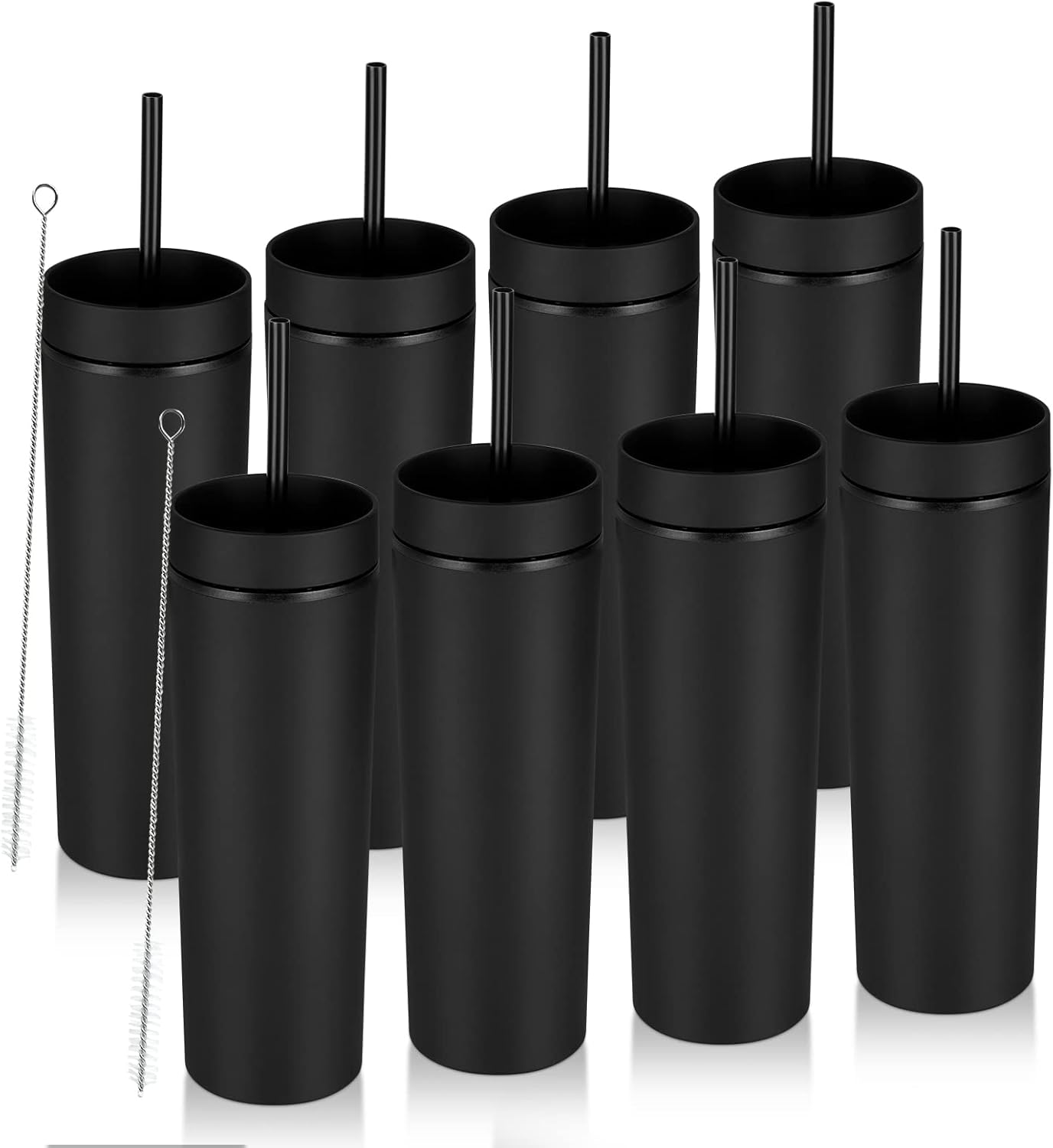 Modwnfy Black Skinny Tumbler with Lids & Straw(8 Pack), 16