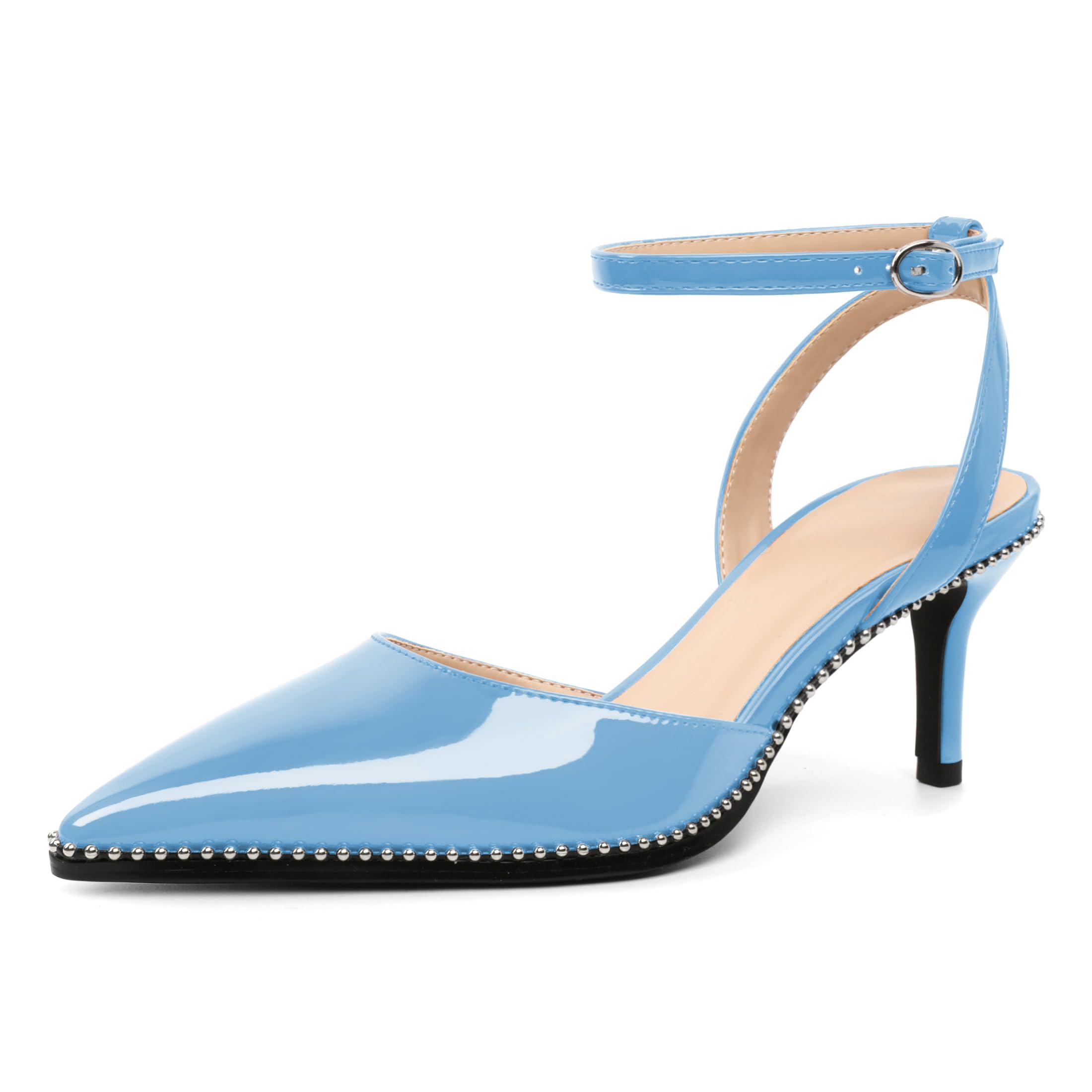 SAMMITOP Kitten Heels for Women Low Heel Closed Toe Ankle Strap Pumps Wedding Party Beaded Dress Shoes 2.4 Inch
