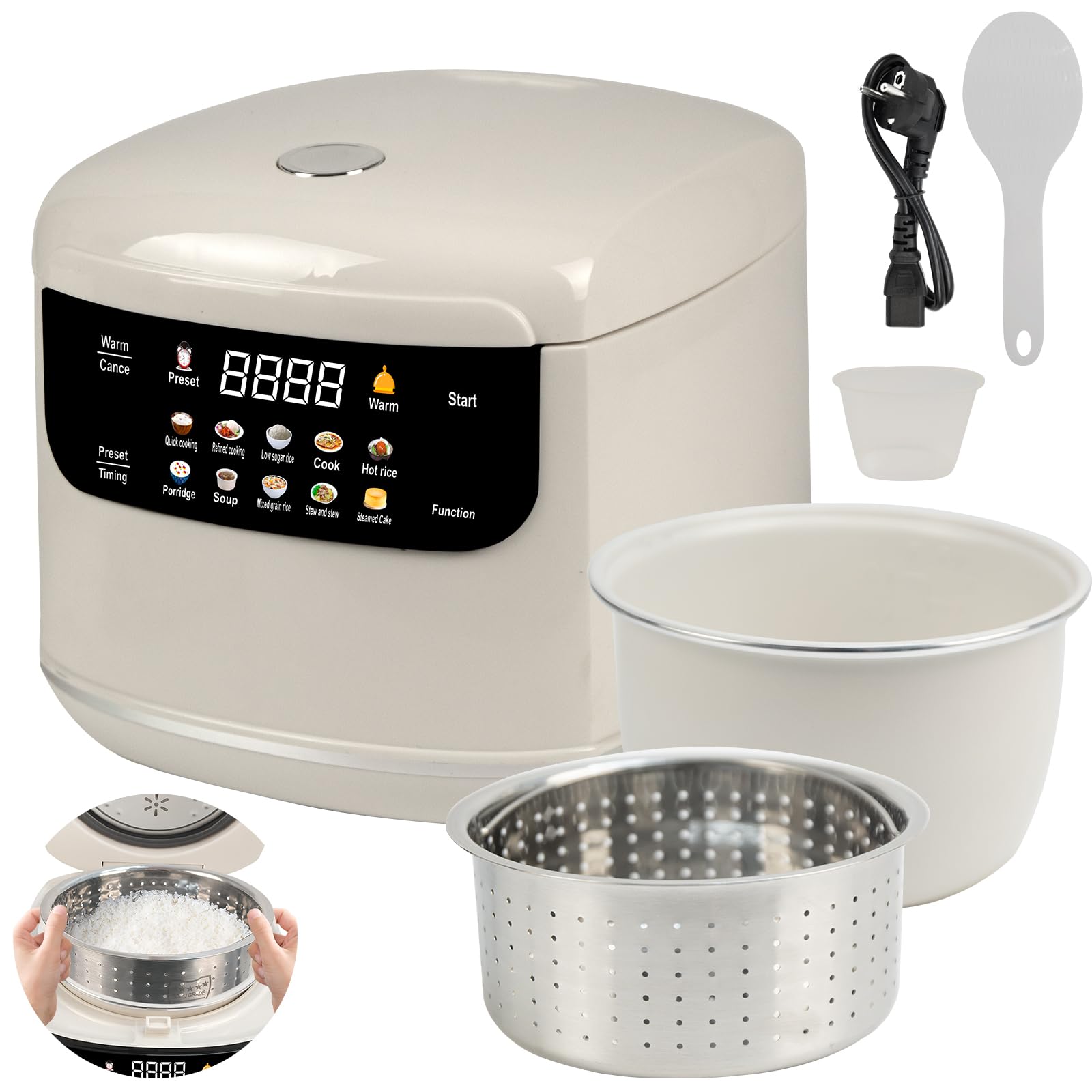 Arrocera Low Sugar 2L, arrocera 10 en 1 con vaporera y temporizador | Con función baja en carbohidratos, mantener caliente 8 h y temporizador 24 h, fácil de limpiar para uso diario