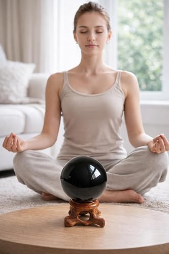 Miniatura 7 de Mina Heal Esfera de obsidiana para meditación, adivinación y Feng Shui, bola grande de cristal negro con soporte