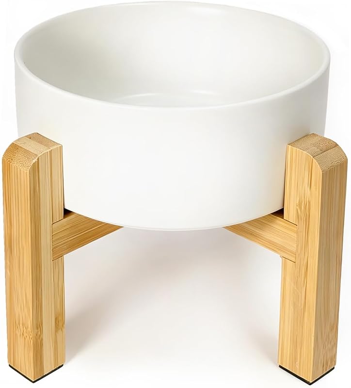 Ceramic Raised Dog Bowl with Bamboo Stand, for Small & Medium Dog, White