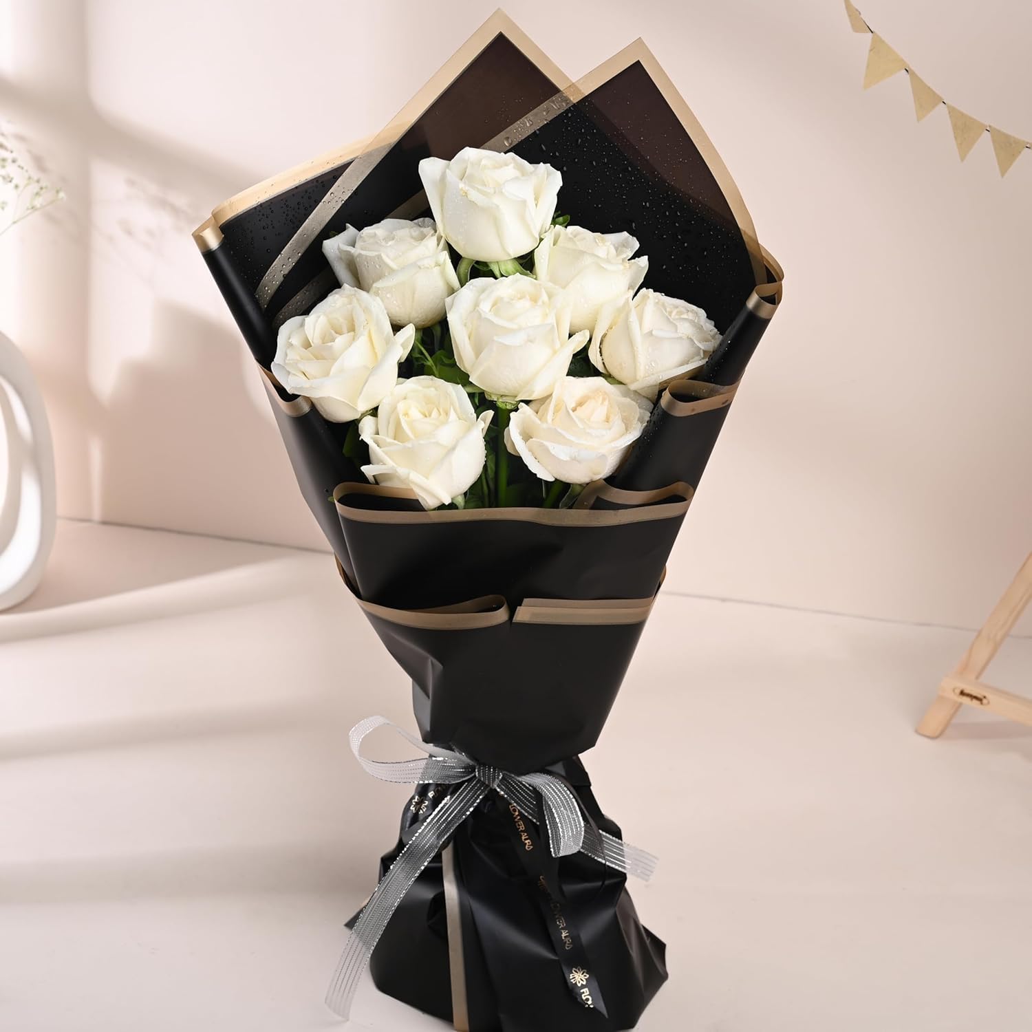Premium Fresh White Rose Bouquet | 9 White Roses with Elegant Black Wrapping & Silver Ribbon | Handcrafted Floral Gift for Birthday, Anniversary, Wedding, Congratulations & Special Occasions-image-14