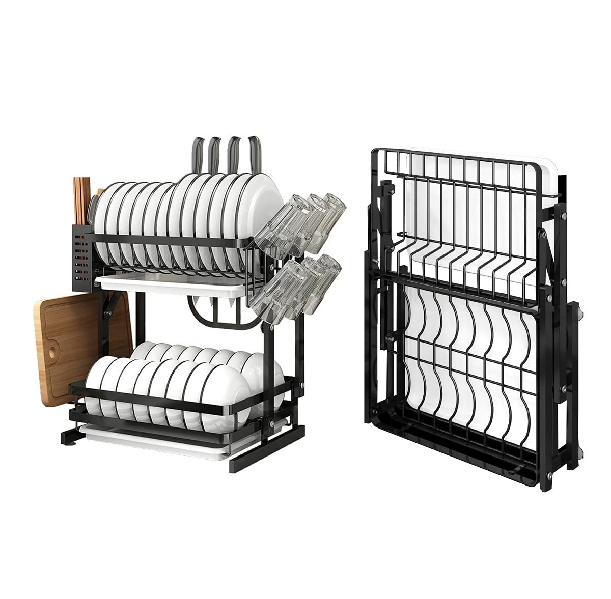 Sulfar 2-Tier Dish Drying Stand, Foldable Dish Drying Rack with Cups Holder Cutting Board Holder Knife Rack Flatware Holder, Dish Rack with Tray, Stainless Steel Dish Drainers Kitchen Dish Dryer Black