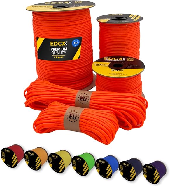 EdcX Paracord 4mm, 35+ Solid Colors (10m, 15m, 30m, 50m, 100m, 300m) | Ideal for Crafting, DIY, Camping, Survival, Outdoor | 100% Nylon Rope 4mm | Tactical Cord 550 Type III (Sofit Orange, 10 m)