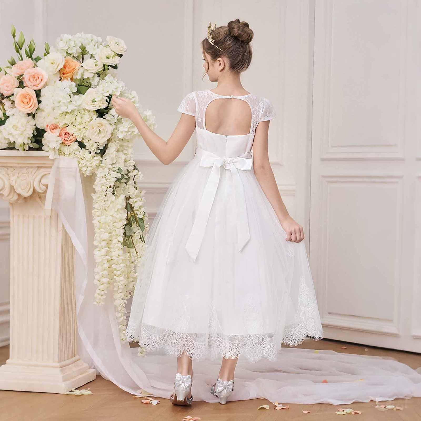 Prima Comunione Bambina 4-14 Anni in Misto Cotone con Maniche Corte e Gonna in Tulle Vestito Cerimonia Elegante Comunione Vestiti Abito Damigella Vestito Principessa per Festa, Spettacoli,