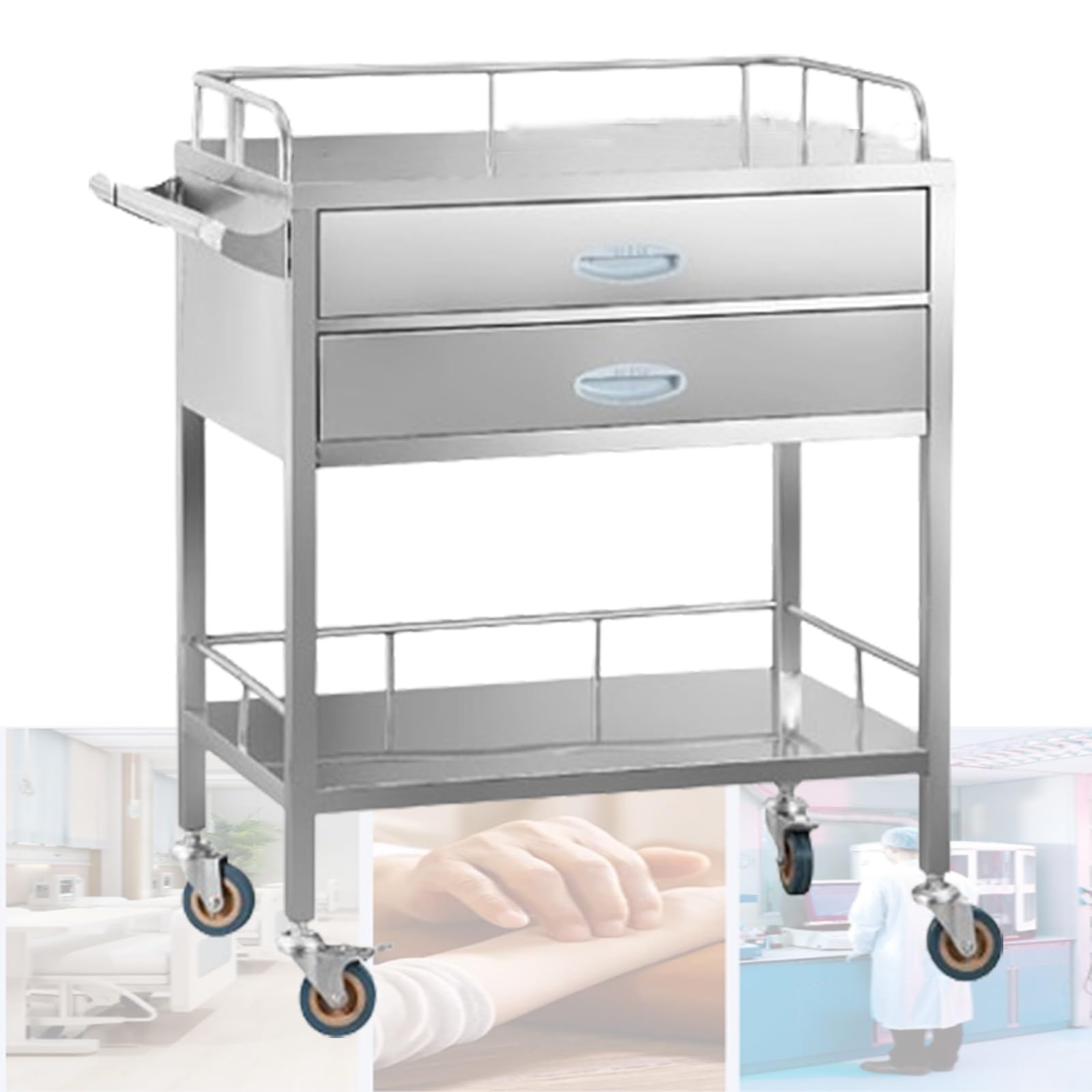 Chariot De Laboratoire en Acier Inoxydable, Chariot Médical 2 Couches 2 Tiroirs, Chariot De Chirurgie Médicale Dentaire, Chariot De Service Portable sur roulettes