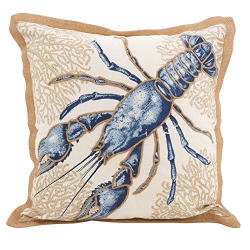 SARO LIFESTYLE Neptunian Coastal Throw Pillow – 20” x 20”, Woven Cotton Cover with Jute Trim, Zipper Closure, Down & Feather Insert – Lobster, Navy Blue