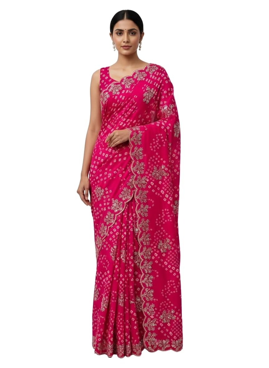 Bandhani Saree for Women Georgette Bandhej Tie Dye Saree with Floral Embroidery Border Designer Traditional Ethnic Party Saree with Unstitched Blouse Piece-image-34