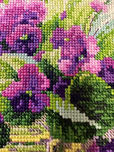 Image of RIOLIS - Violets in a Pot 2091, Cross Stitch Kits 8 inch x 8 inch, Cross Stitch Kits for Adults, Floral Counted Cross Stitch Kits, Embroidery Kit for Beginners & Advanced, Crossstitching Kits