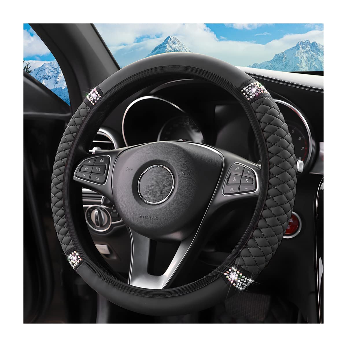 Bling Steering Wheel Cover, Universal 15 Inch Soft PU Leather with Colorful Rhinestones, Crystal Diamond Elastic Steering Wheel Protector, Sparkly Auto Accessories for Women Girl (Black)