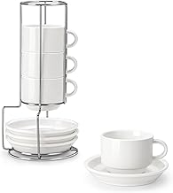MALACASA Regular Series Set of 4 Coffee Cups for 4 Persons, 150 ml, Stackable Coffee Service, with Saucer and Metal Stand, Ideal for Espresso, Cappuccino, Latte, Mocha and Tea, White