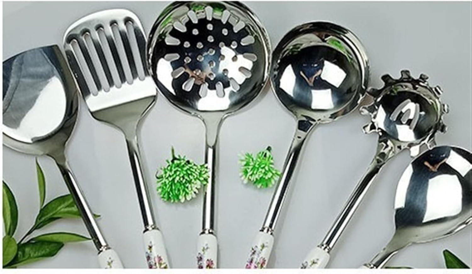 Silverware Set, 6/24/36/48 Pieces Ceramic Handle Stainless Steel Colander Frying Spatula Pot Spatula Rice Spoon Kitchen Utensils，Pink-8Set