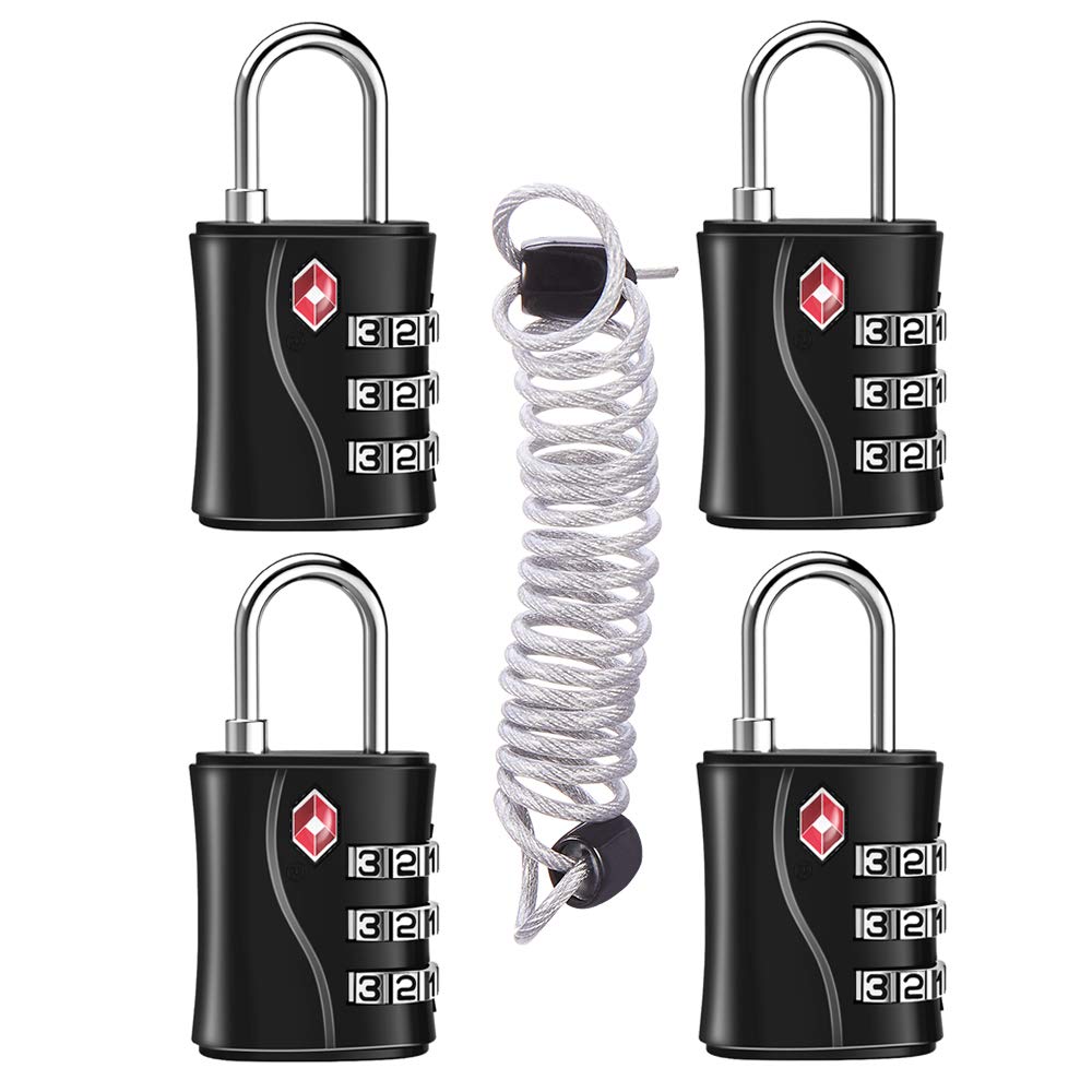 ZHEGE TSA Luggage Lock for Train 4 Pack, 1 Cable (30 Inch) (Black)