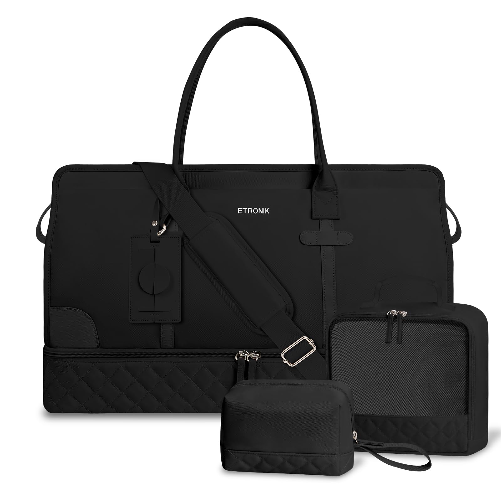 ETRONIK Weekender Overnight Bag for Women, Large Travel Duffle Bag with Shoe Compartment & Wet Pocket, Carry On Tote Bag Gym Duffel Bag with Toiletry Bag, Bag for Hospital 4 Pcs Set, Black