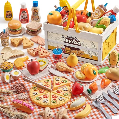 Aliments Jouets 83 Pcs en Paille de Blé – Set Cuisine Enfant avec Panier de Pique-Nique & Couverture – Dinette à Découper (Scratch), Pizza, Fruits &...