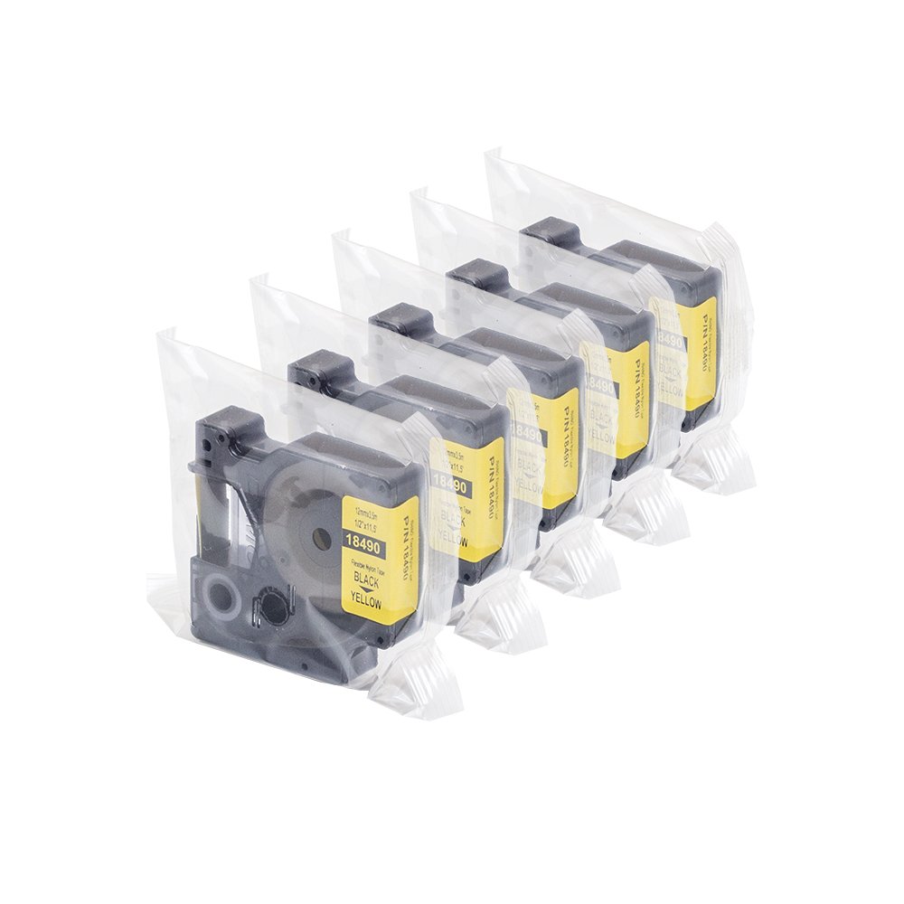 Dymo 18490 Rhino Industrieletiketten, flexibel, Nylon, 12 mm x 3,5 m, Schwarz auf Gelb, 5 Stück