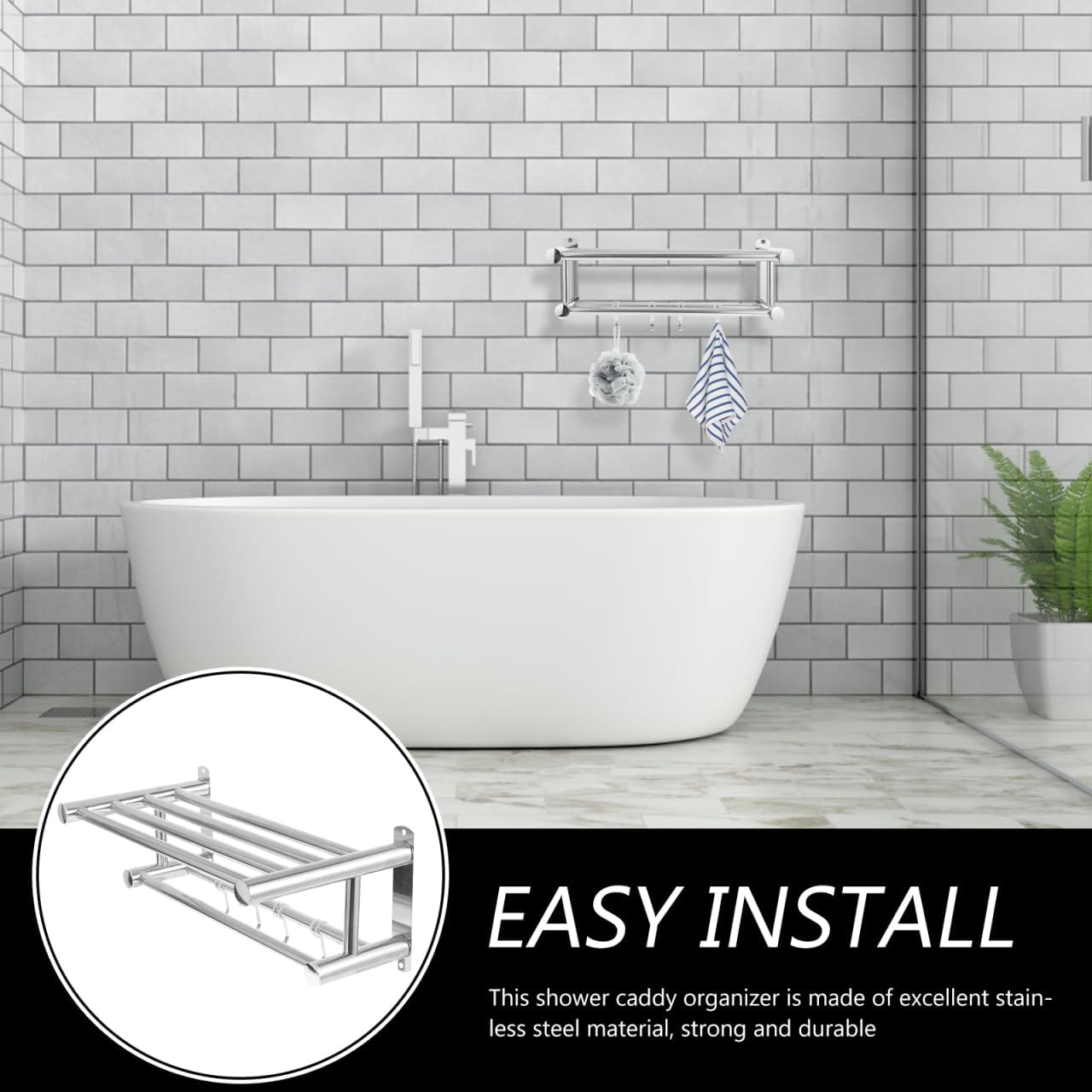 ABOOFAN Wall Mounted Towel Rack with Shelf and Hooks 15 Inch Stainless Steel Bathroom Organizer for Shower and Sink Storage