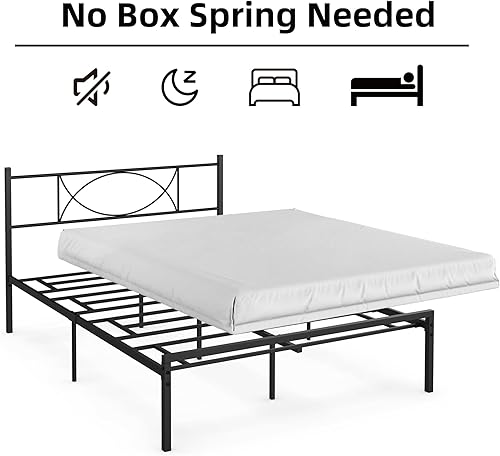 Miniatura 4 de IDEALHOUSE Base de cama matrimonial con cabecero, no necesita somier, base de cama de metal con almacenamiento de 14 pulgadas, base de colchón negra