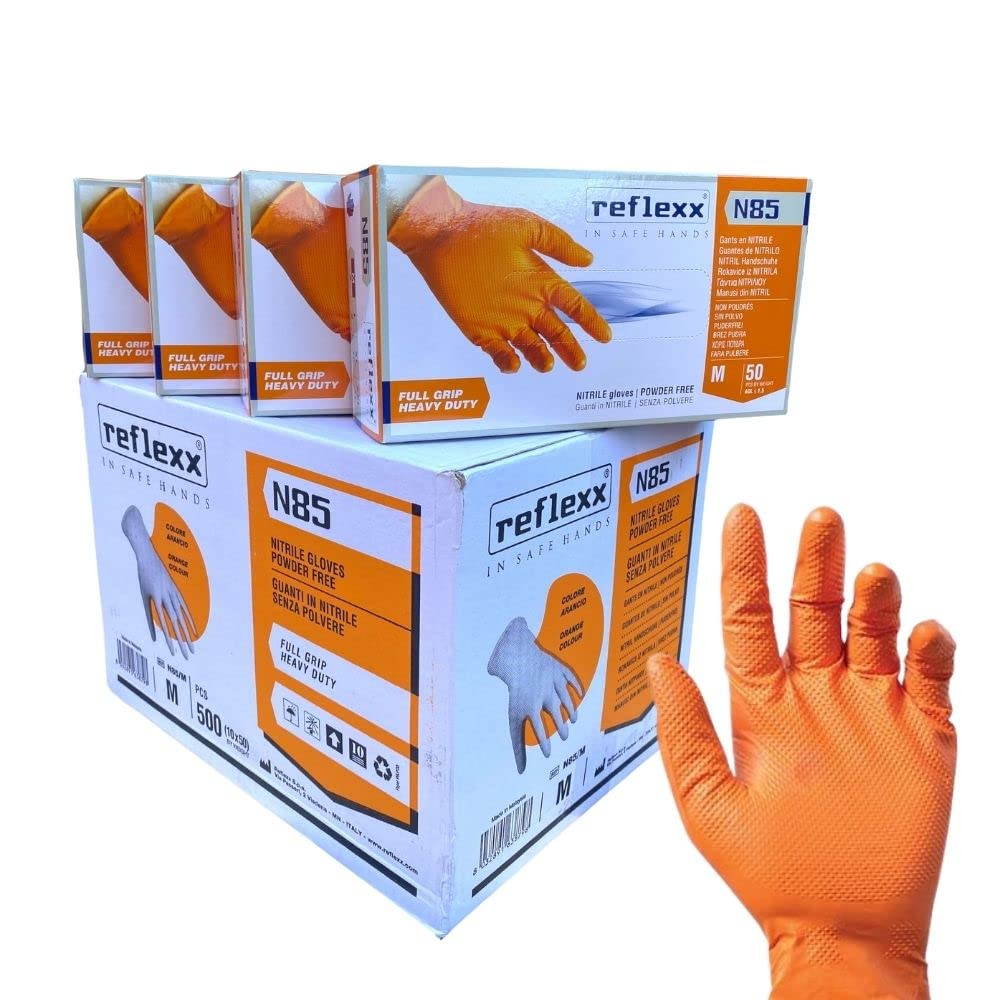 Reflexx N85 500 Guantes de nitrilo naranja desechables Powergrip sin polvo sin látex, estructura de diamante, Manoplas + 4 guantes de hilo continuo de 100% poliéster/poliuretano (500 unidades)