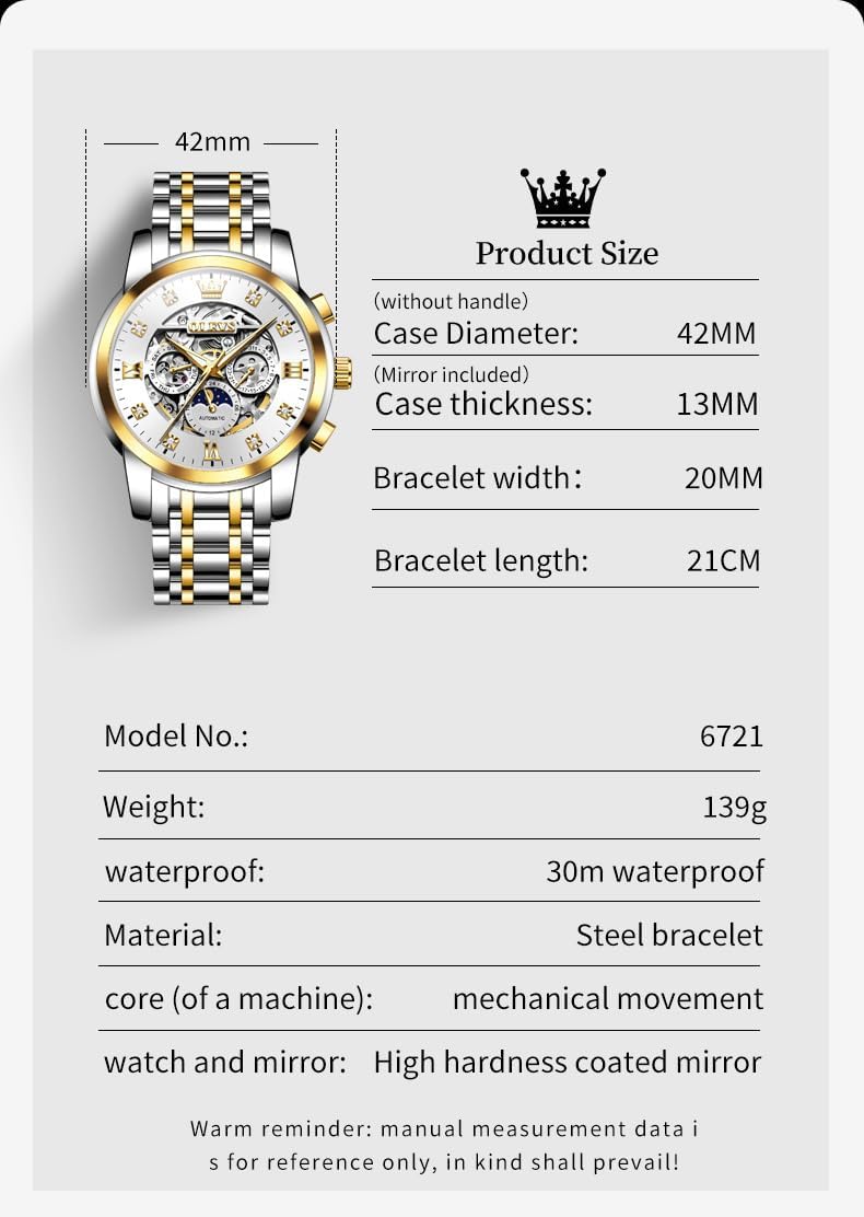 OUPINKE Men's Automatic Luxury Skeleton Watch with Diamonds Mechanical Self-Winding Stainless Steel Waterproof Moon Phase & Luminous