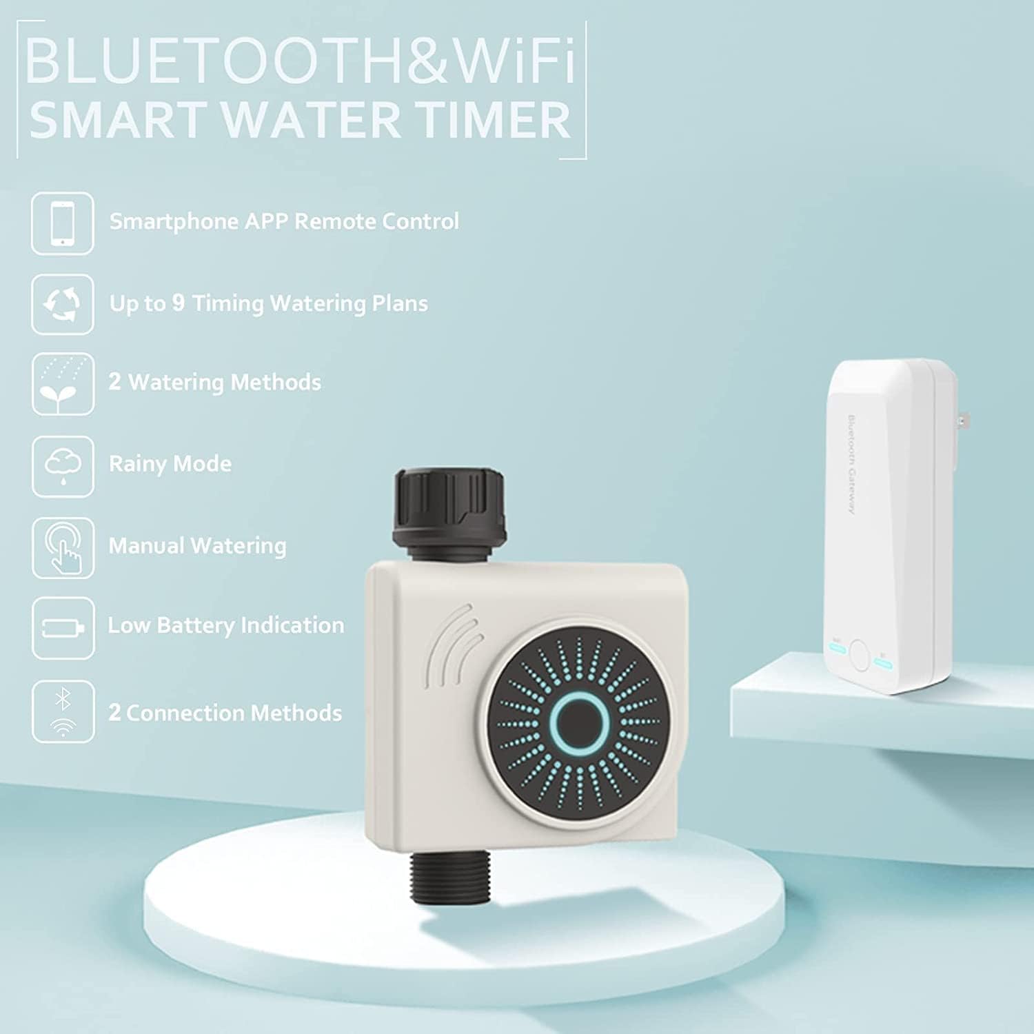 Timer di irrigazione intelligente WiFi e Bluetooth con Gateway, 1 zona, programmatore automatico per rubinetto, controllo app, compatibile Alexa e Google, Rain Delay.