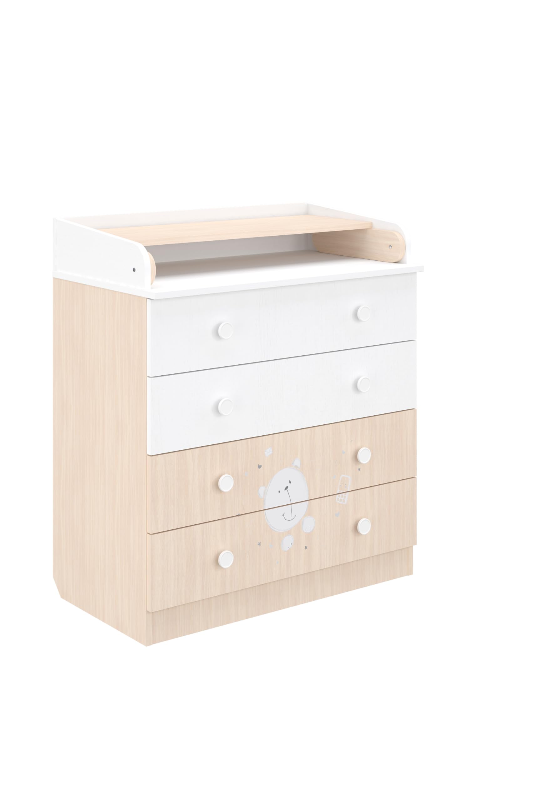 Shefa Kids Wickelkommode 800 Teddy, Weiß-Pastell Eiche, 80,4 x 48 x 91,7 cm, 4 Schubladen, Qualitäts-Wickeltisch aus österreichischem Kronospan