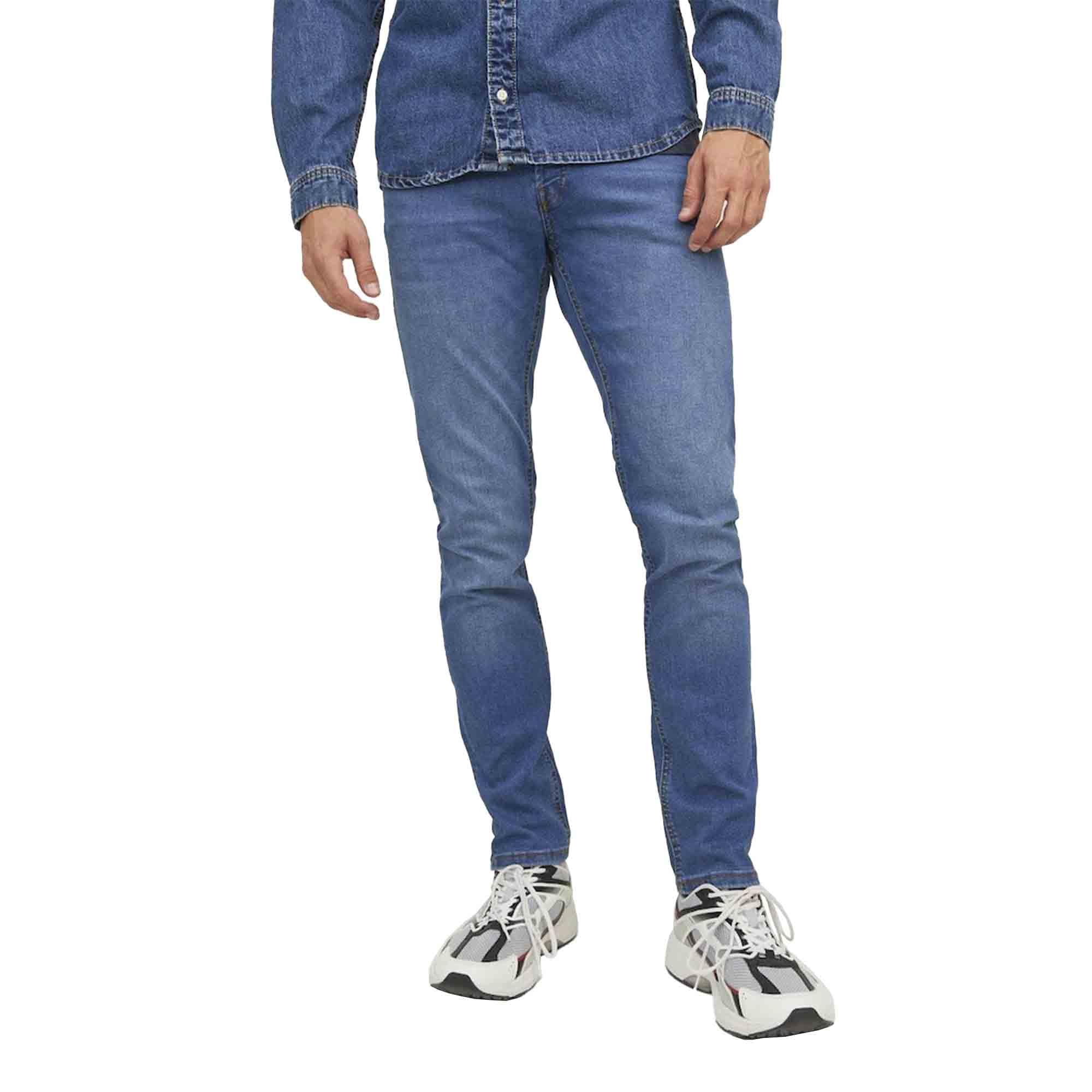 JACK & JONES Mens Blue Jeans Slim Fit Button Fastening Low Rise Strech Jeans for Men, Blue Denim, 34W / 30L
