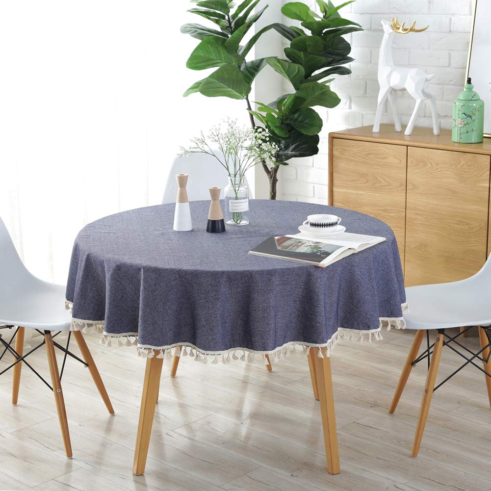Meioro Navy Round Tablecloth Solid Color Tablecloths Tassel Table Cover Cotton Table Cover Multi-Purpose Indoor And Outdoor