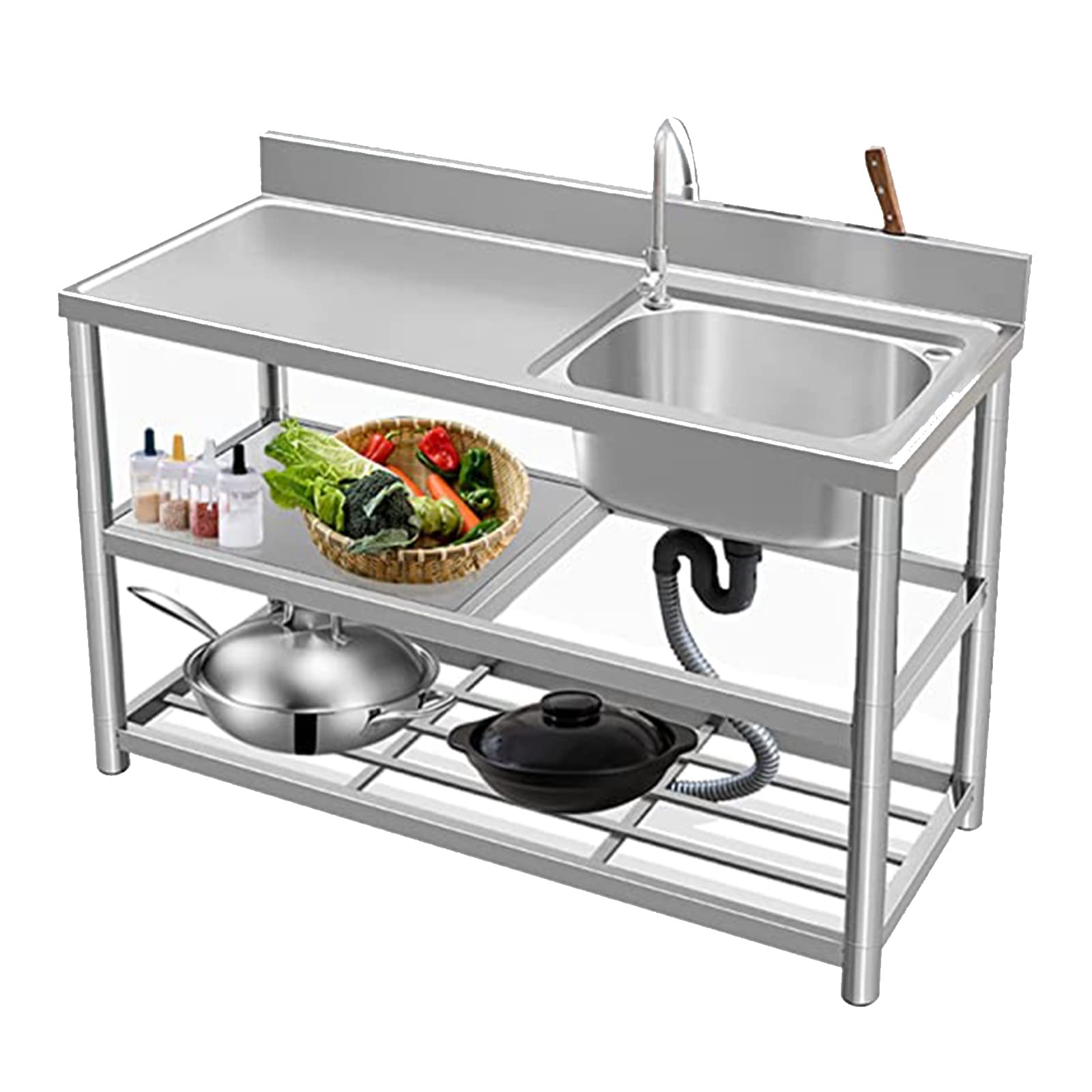 Lavandino a una vasca in acciaio inox, lavello di servizio a libera installazione, lavello da cucina per ristoranti commerciali, con banco di lavoro e ripiani di stoccaggio(120cm/47in,右)