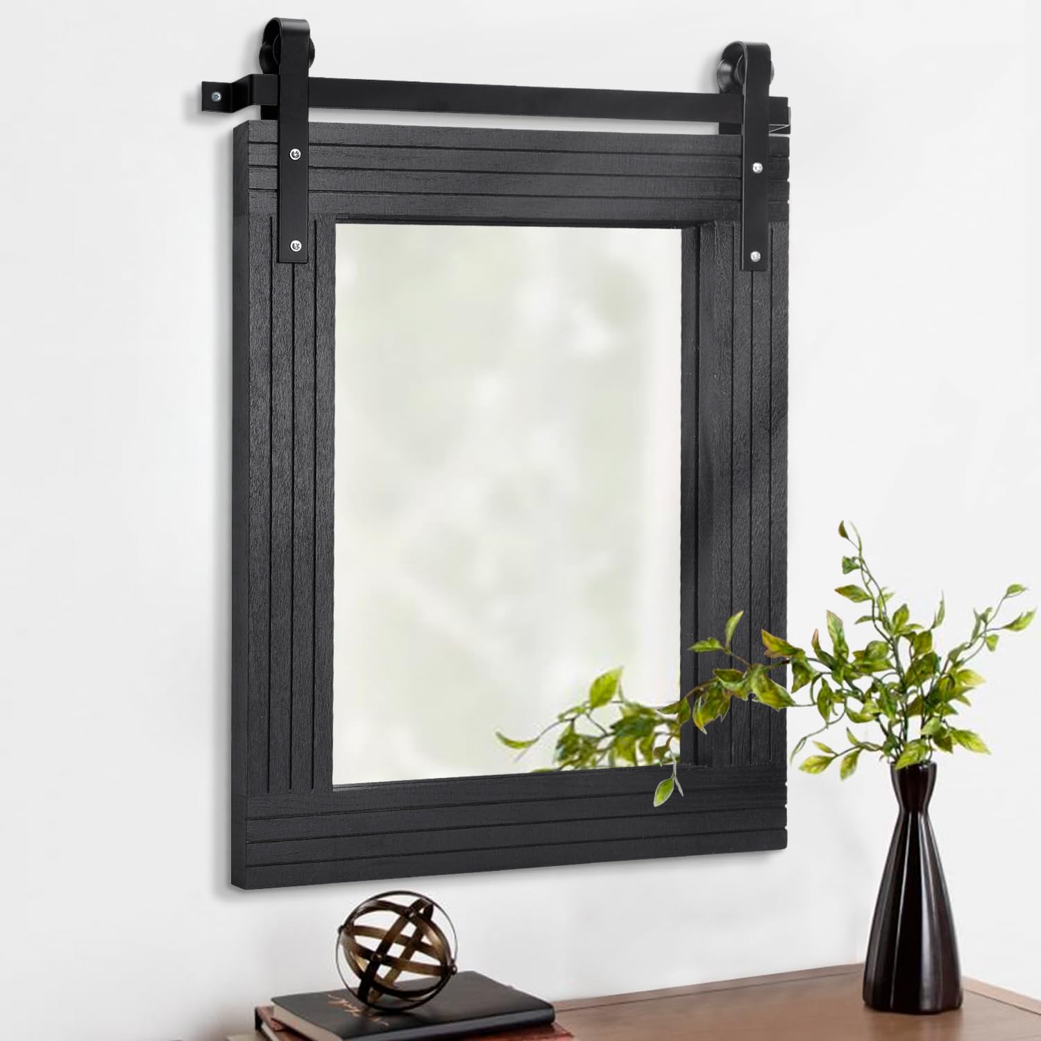 AAZZKANG Black Mirror Large 26"x18" Barn Door Rustic Mirror with Wood Frame Rectangle Decorative Bathroom Bedroom Farmhouse Mirror Wall Decor