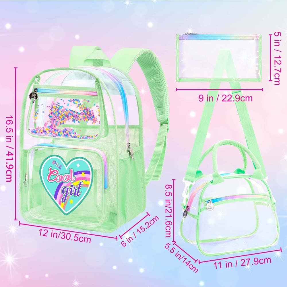 3PCS Clear Backpack Heavy Duty, Cute Sequins Transparent Bookbag with Handbag for Girls, Womens Green See Through School Bag - Image 4