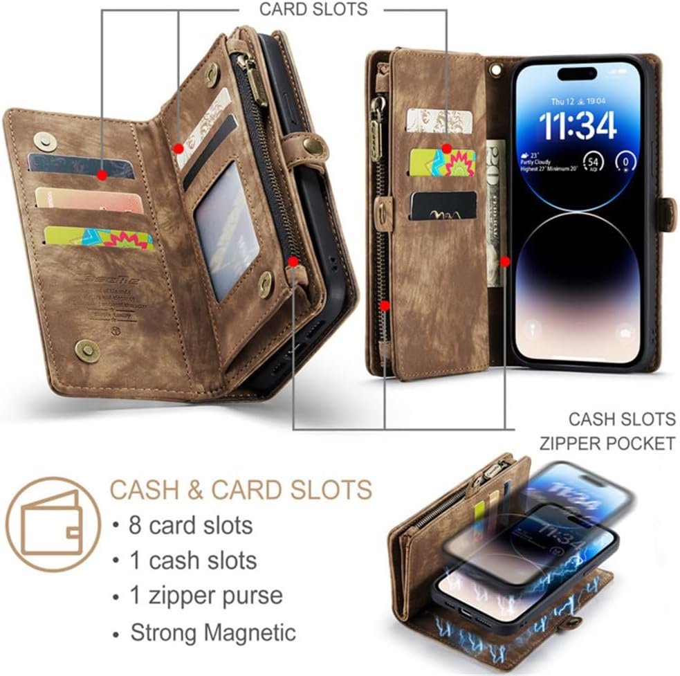 Magnetic Flip Leather Phone Case for iPhone 11 12 13 14 15 Pro Max XS XR X Plus Zipper Wallet Card Cover,Pink,for iPhone 12 Pro Max