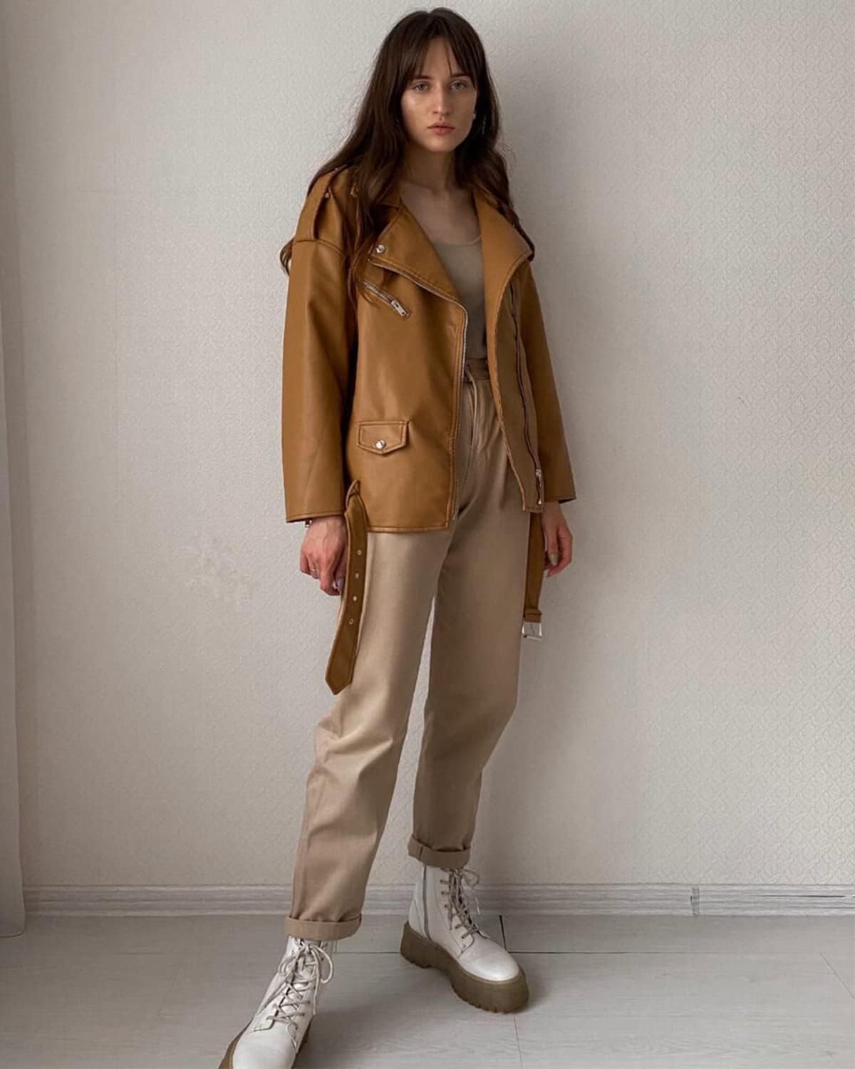 LY VAREY LIN Women Faux Leather Jacket Lapel Collar Motorcycle Zip Up Long Sleeve Motor Biker Short Coat Jacket - Image 5