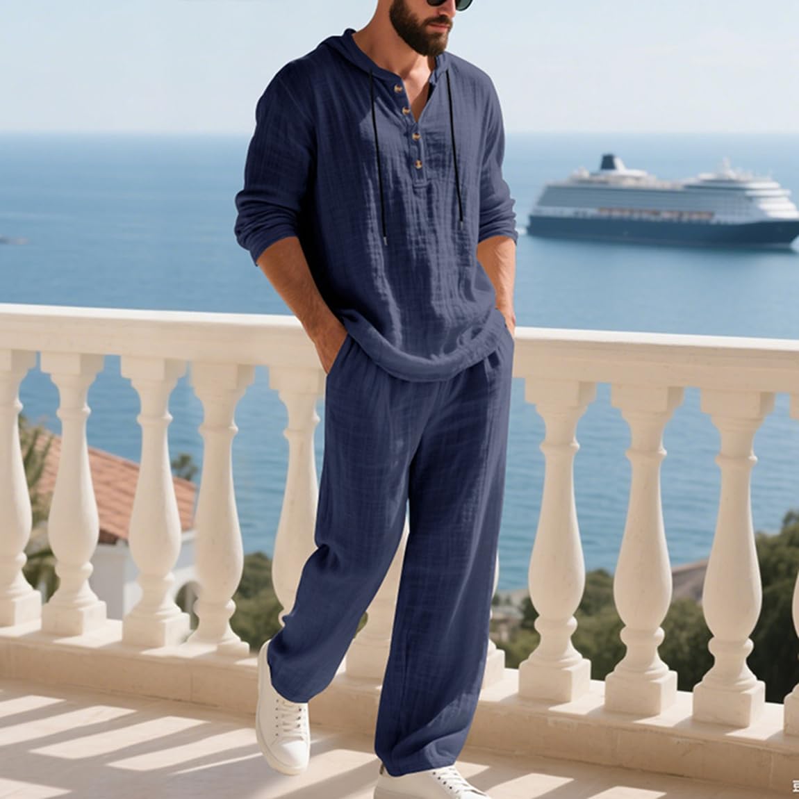Générique Ensemble Homme 2 Pièces en Lin Mélangé Sweat à Capuche et Pantalon Ample Tenue Décontractée Respirante avec Cordon de Serrage Style Casual