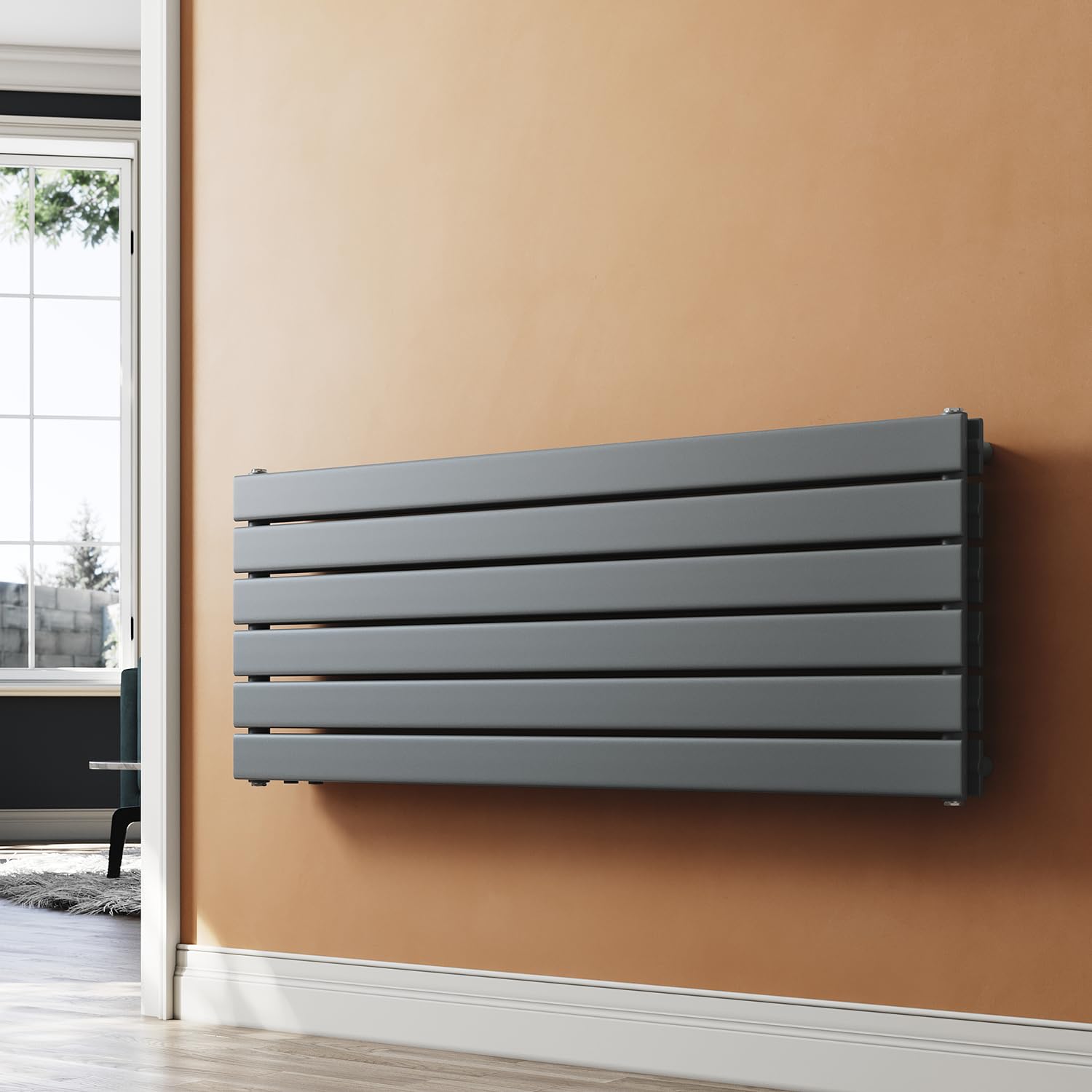 Radiador de diseño con panel de 465 x 1200 mm, horizontal, doble capa, con conector lateral multibloque, color antracita