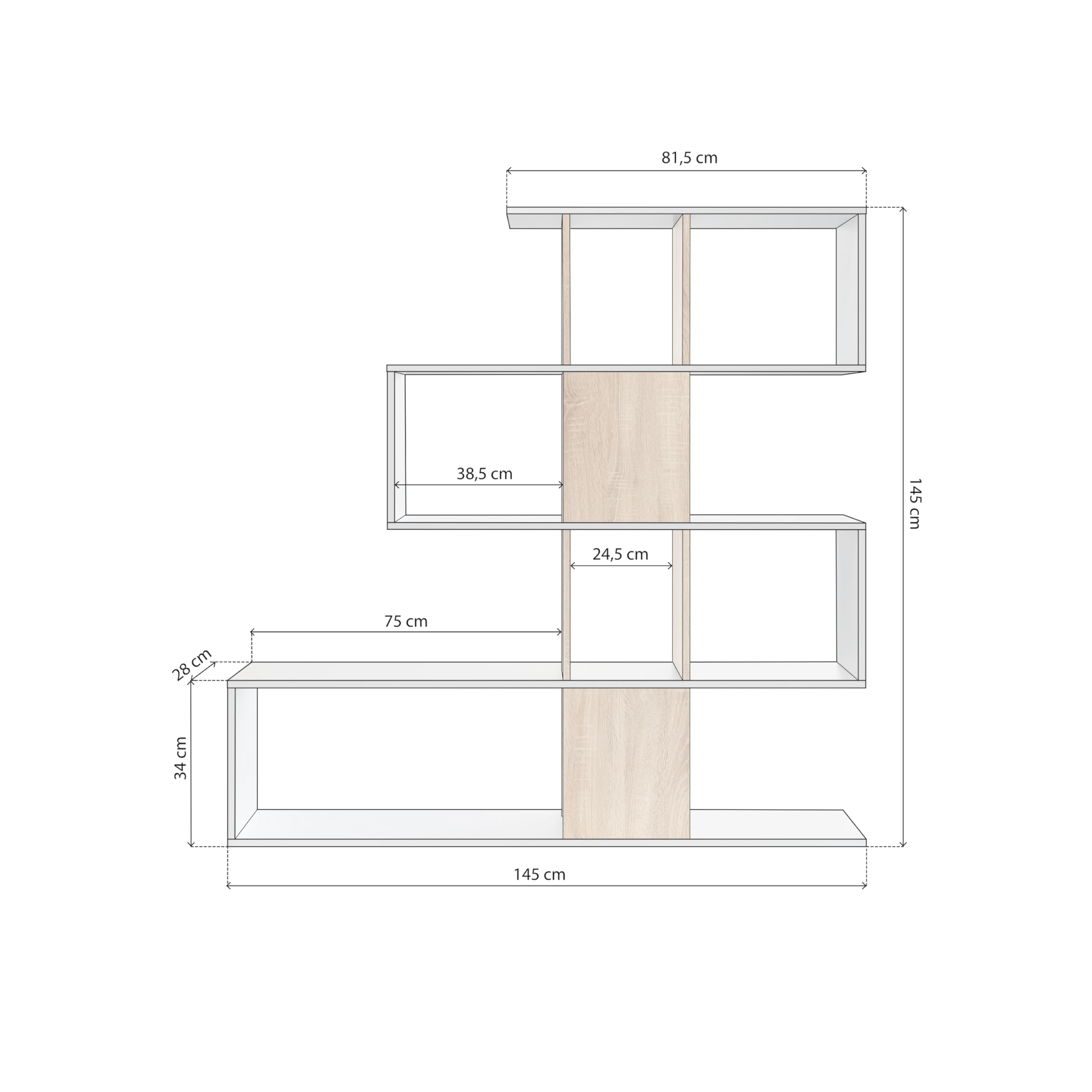 duehome | Estantería Librería, Salón, Comedor o Despacho, Modelo Domi, Acabado en Blanco Artik y Roble Canadian, Medidas: 145 cm (Alto) x 145 cm (Ancho) x 28 cm (Fondo)