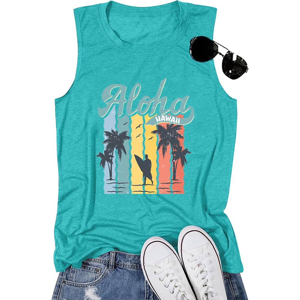 Women Hawaii Beach Palm Tree Graphic Tank Summer Casual Surfing Graphic Top Tropical Vacation Travel Tunic Tops Surfing Lovers Gift Tops(Mint Green-M)