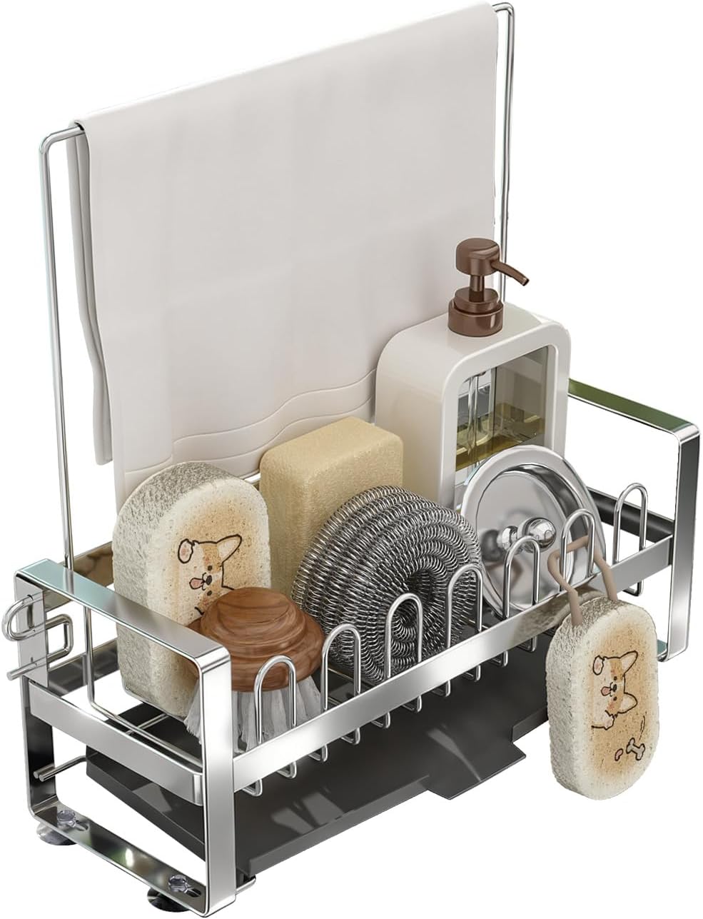 Sponge Holder for Kitchen Sink,Suction Cup 304 Stainless Steel Sink Caddy with Dishcloth Holder, Self Drain Tray Sink Oragnizer for Countertop, Soap Dispenser Storage