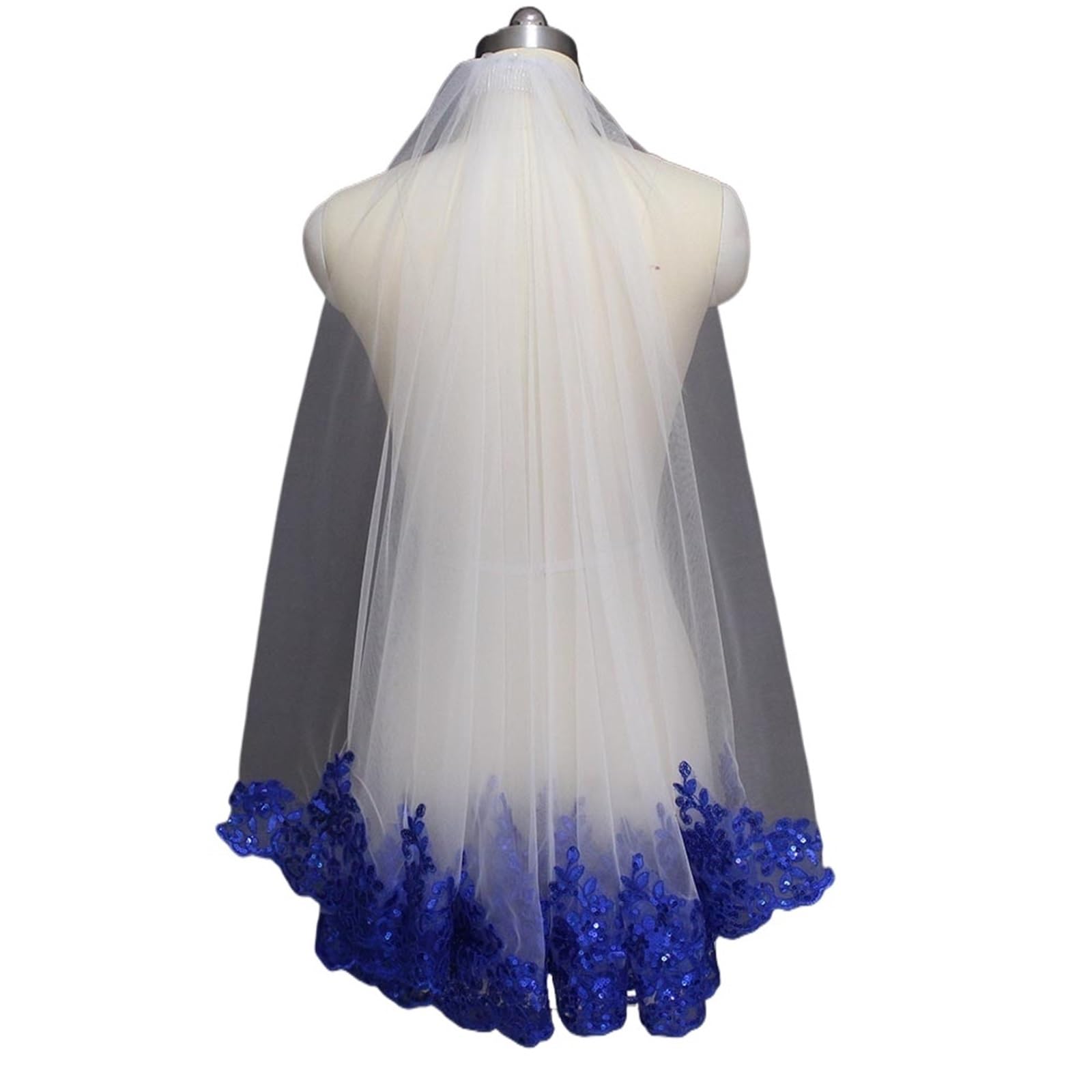 Brautschleier Blauer, Paillettenbesetzter Brautschleier Aus Weißer Und Elfenbeinfarbener Spitze, Einlagiger, Kurzer, Glänzender Hochzeitsschleier Mit Kamm(75cm)