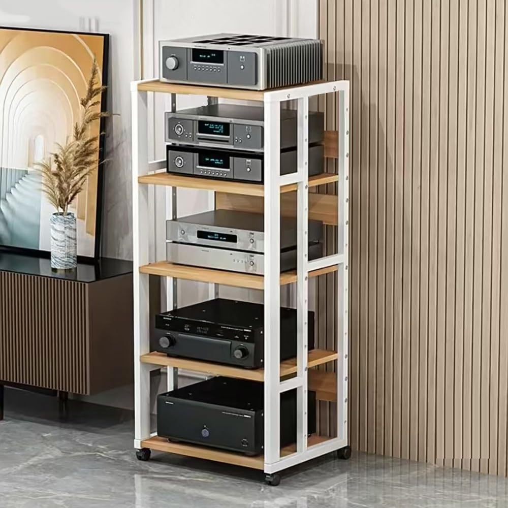 CWCQGH 4 Tier Media Cabinet on Wheels Adjustable Audio Rack Stand Mobile Floor Standing Entertainment Console Tower Shelf for Home Theater,White-5-Tier