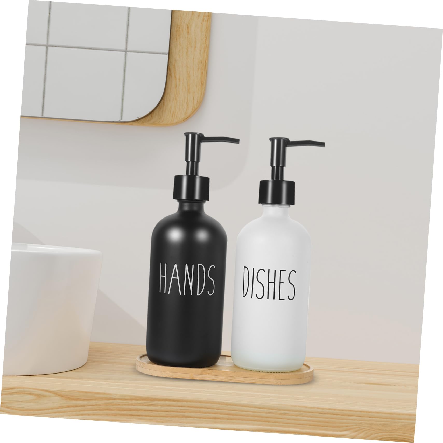 WOONEKY Set di 3 Flaconi Dosatori in Vetro da 500ml con Vassoio in Bambù, Ricaricabili, per Sapone e Lozione, per Bagno e Cucina