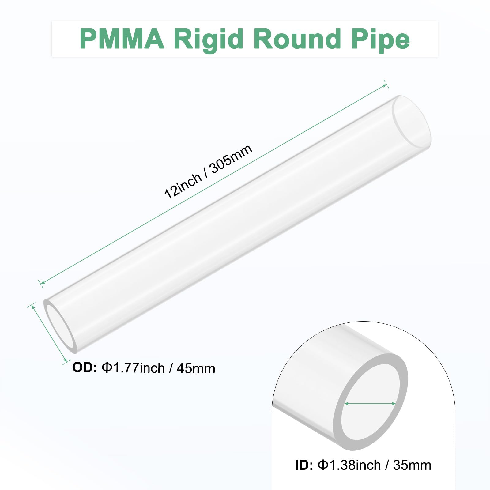 M METERXITY 1-Pcs Tube Ronde Rigide En Acrylique Transparent, 35mm[1.38"] DI x 45mm[1.77"] DE Tube Plastique Ronde Pour Systeme De froid Par Eau/Lampes/Fontaines [305mm/12IN]