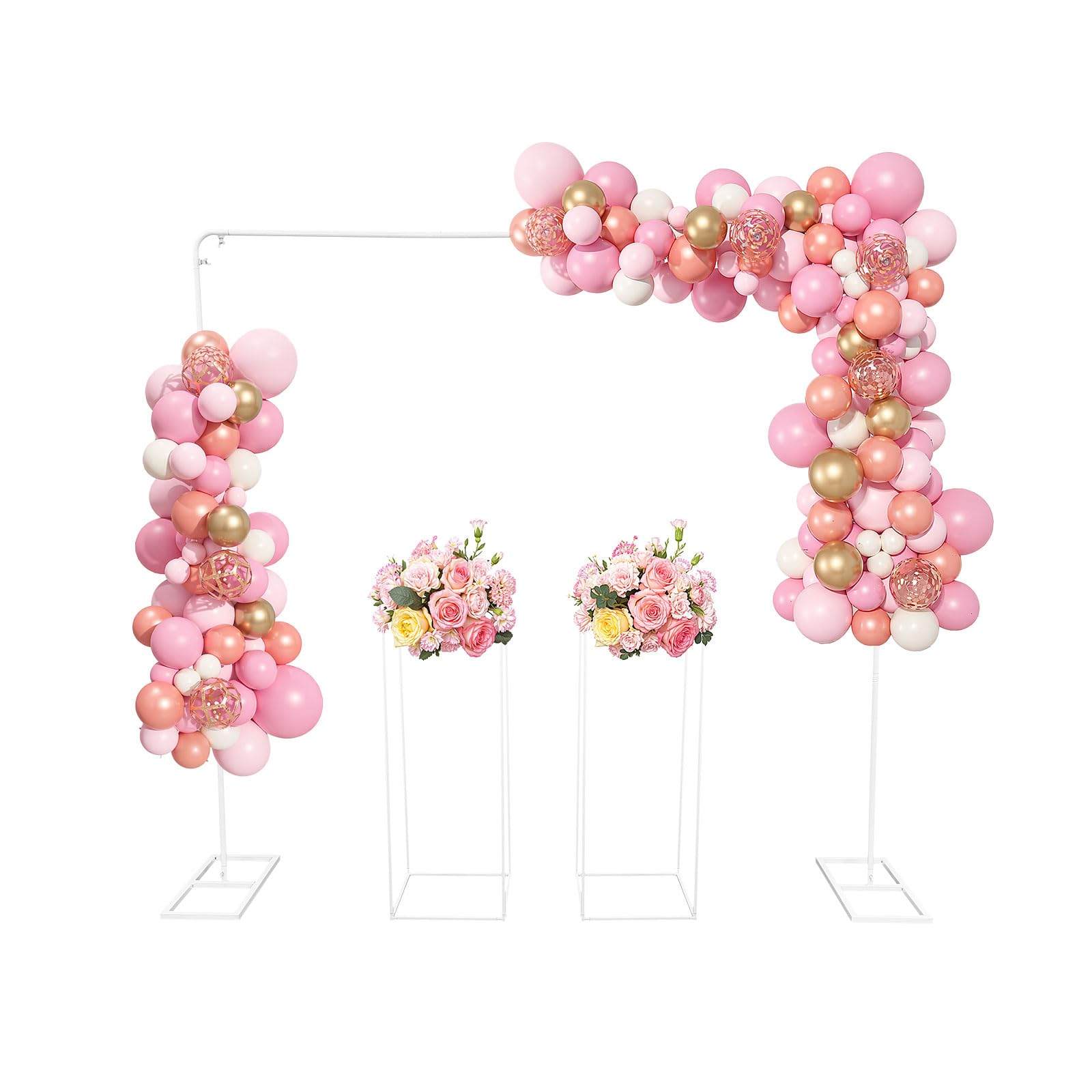 Weißer/Gold Ballonständer mit Blumenständern, Hochzeitsständer aus Metall 2x2m, Hochzeitskulissenständer quadratisch für Hochzeit Geburtstag Party Gartendekoration, inkl 2 Blumenhalter (Weiß)