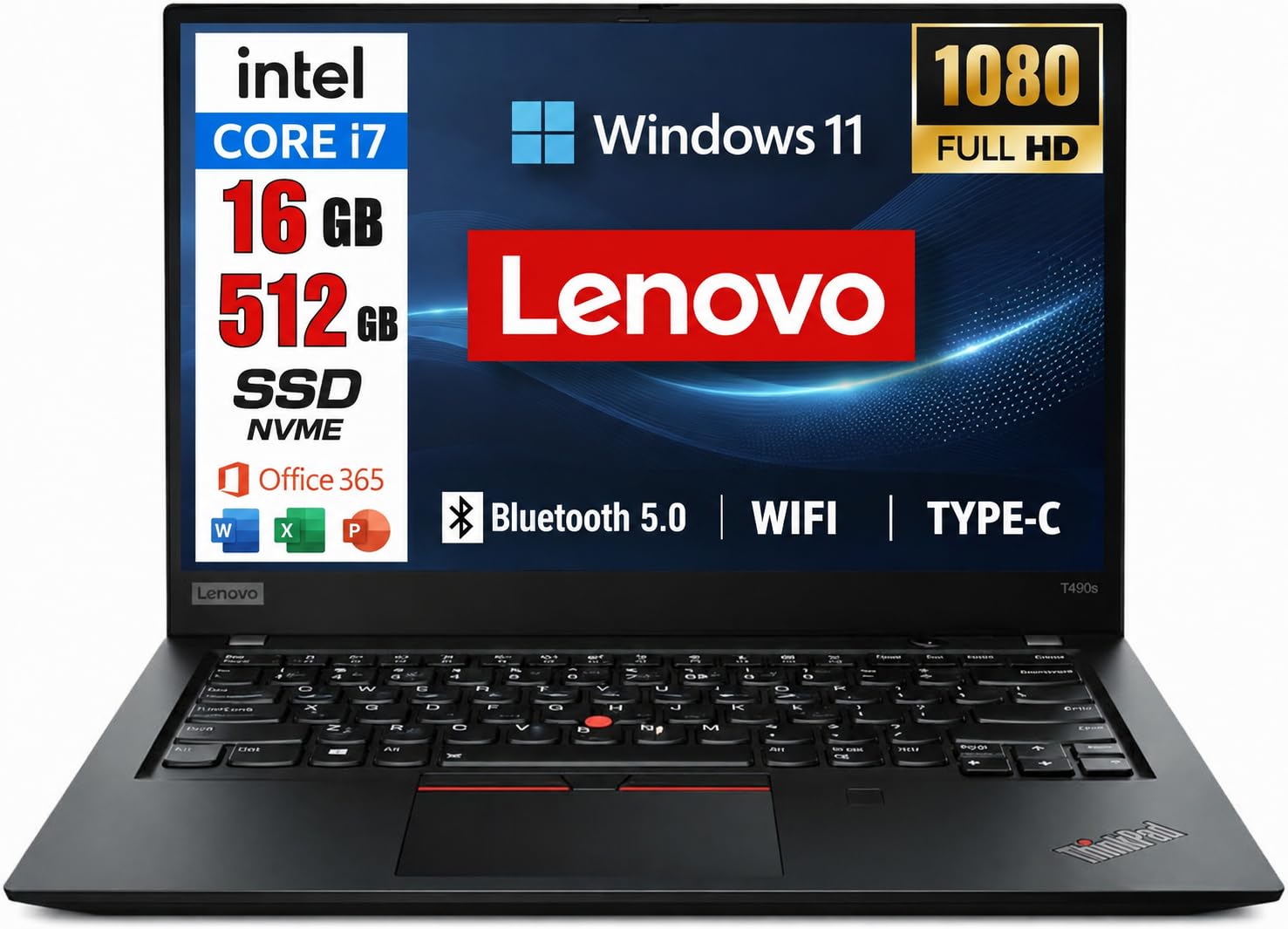 Lenovo ThinkPad T490s, portatile aziendale, processore Intel i7 4 x 1,8 GHz, 16 GB di memoria, SSD da 512 GB, display da 14 pollici, 1920 x 1080 IPS,Windows 11 Pro e OFFICE 365, (ricondizionato)
