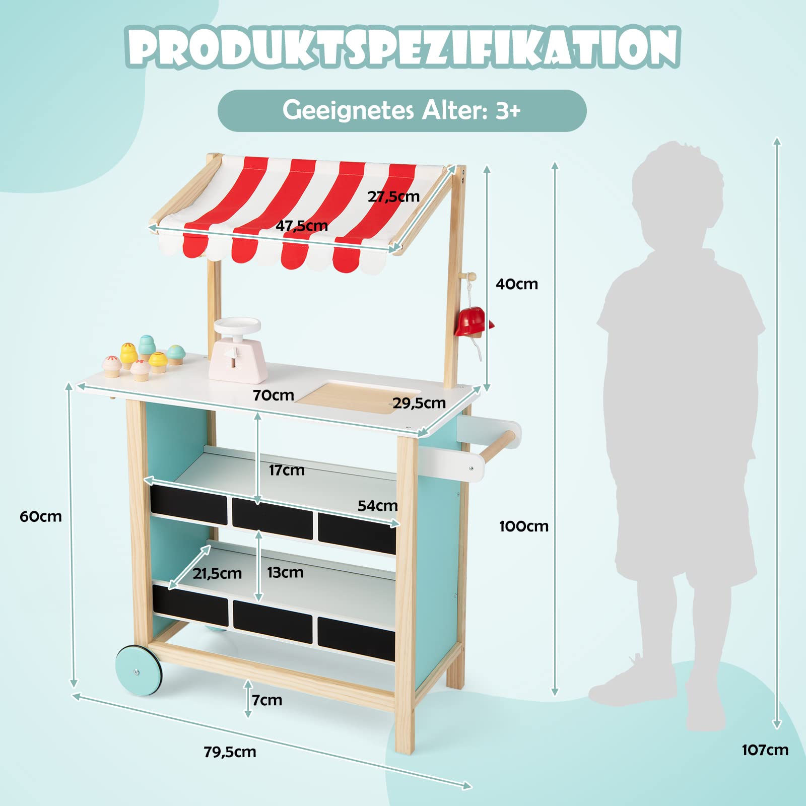 COSTWAY Kinder Eiswagen mit 6 Eiscreme, Kaufladen Holz mit 2 Ablagen, Einkaufswagen auf Rollen, inkl. Waage und Glocke, für Kinder ab 3 Jahrn (Rot)