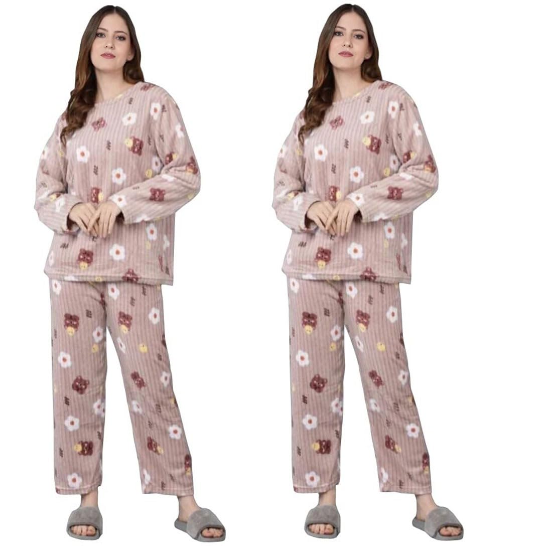 Conjunto de pijama de noche estampado para mujer, forro polar, manga larga, cálido, para invierno, paquete de 2